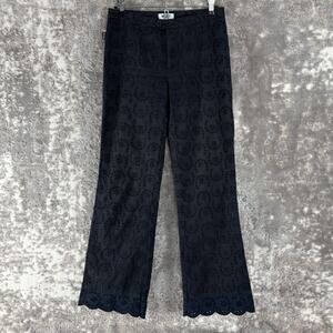 Moschino Jeans Size 8 Floral Eyelet Casual Pants Black Blue Button Zip